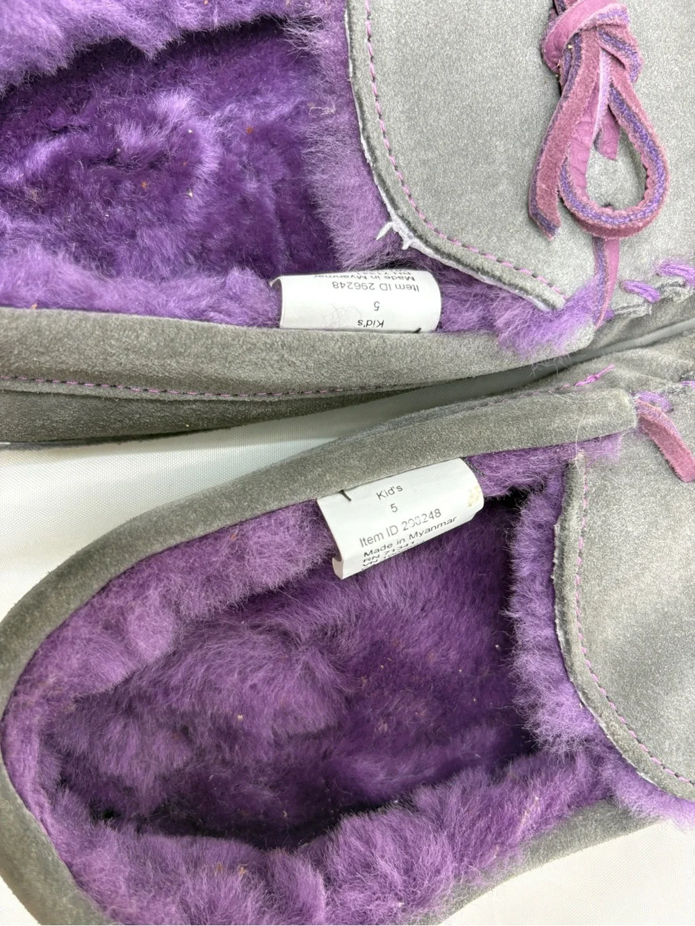 L.L.Bean Kids Size 5 Moccasin Slippers Gray Purple Suede Shearling Lined Cozy